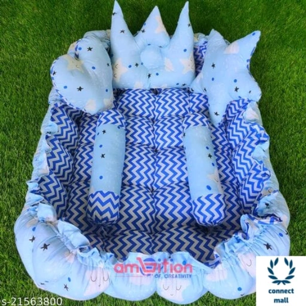 Pink Unique Newborn Baby Round Tub Bedding Set, Reversible Bed Set Cum Mattress with 3 Multi Shape Pillows for Newborn to Toddlers ( Blue& Sky Blue) - Blue & Sky Blue